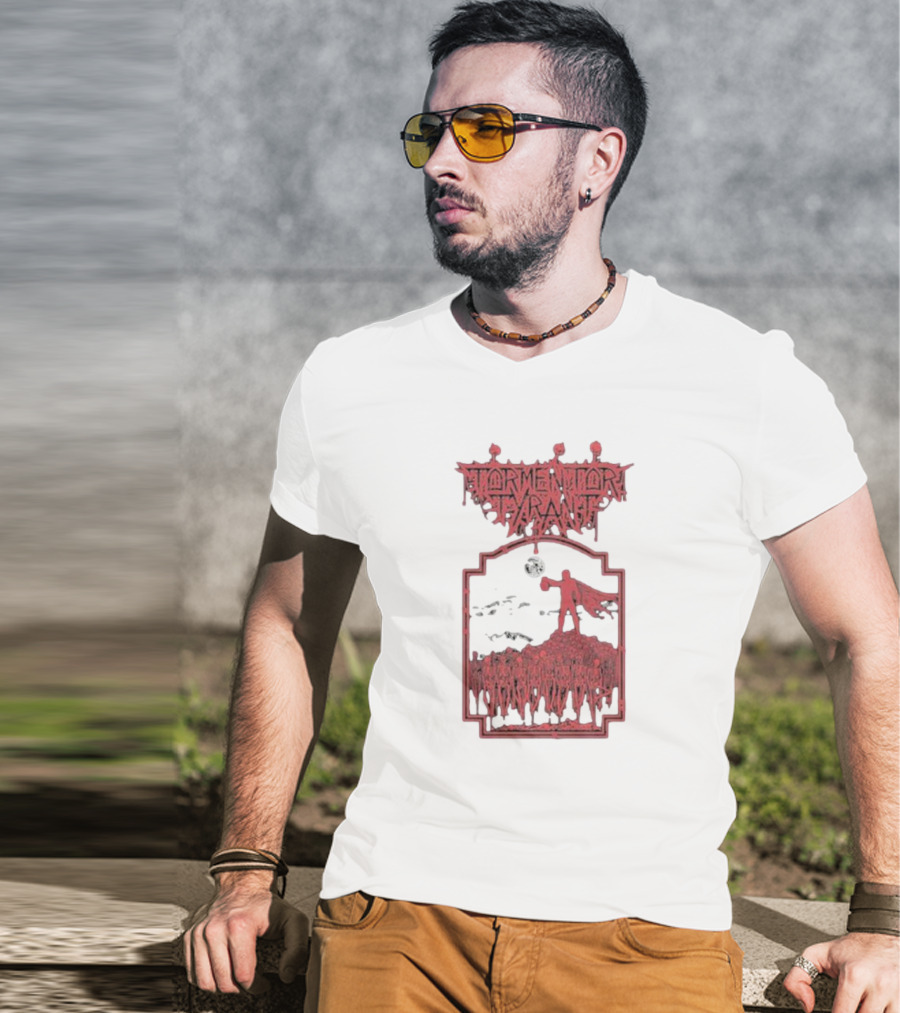 Tormentor Tyrant Red Figure Standing Amidst Crowd Under Moon T-Shirt