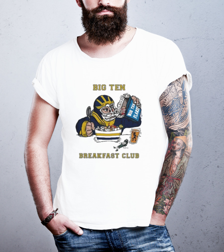 Big Ten Breakfast Club Michigan Wolverines Player Eating Cereal With Blue Box And Orange Cup T-Shirt