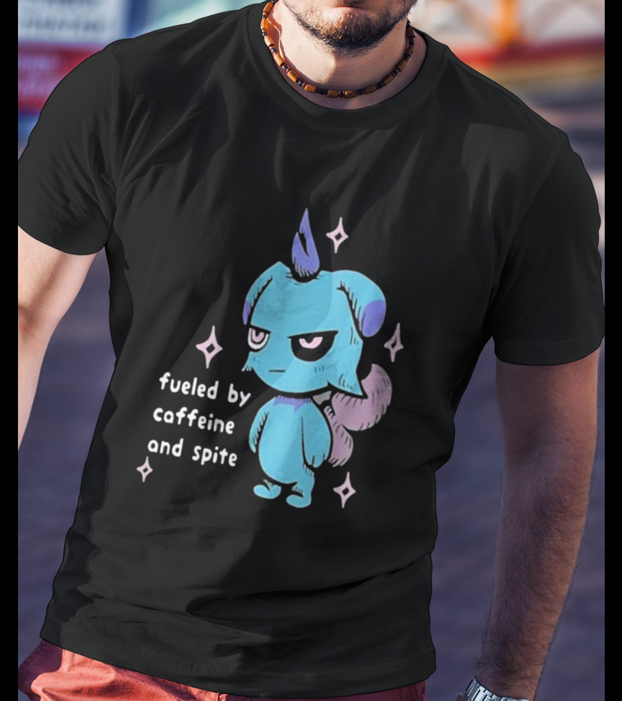 Palworld Fueled By Caffeine And Spite Blue Creature With Pink Stars T-Shirt