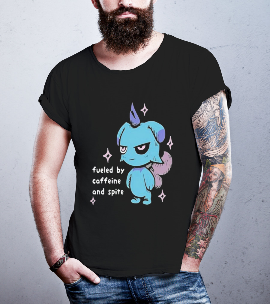 Palworld Fueled By Caffeine And Spite Blue Creature With Pink Stars T-Shirt