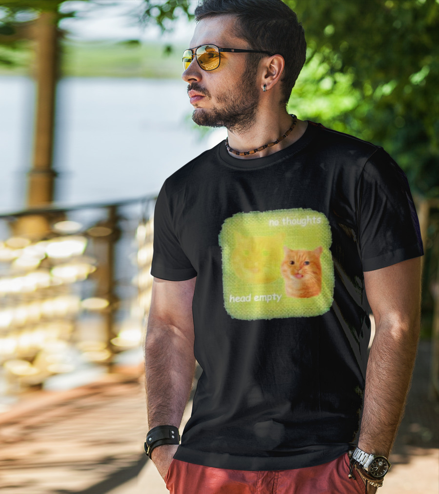 No Thoughts Head Empty Cat Meme Green Background T-Shirt