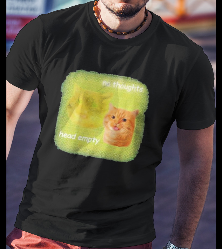 No Thoughts Head Empty Cat Meme Green Background T-Shirt
