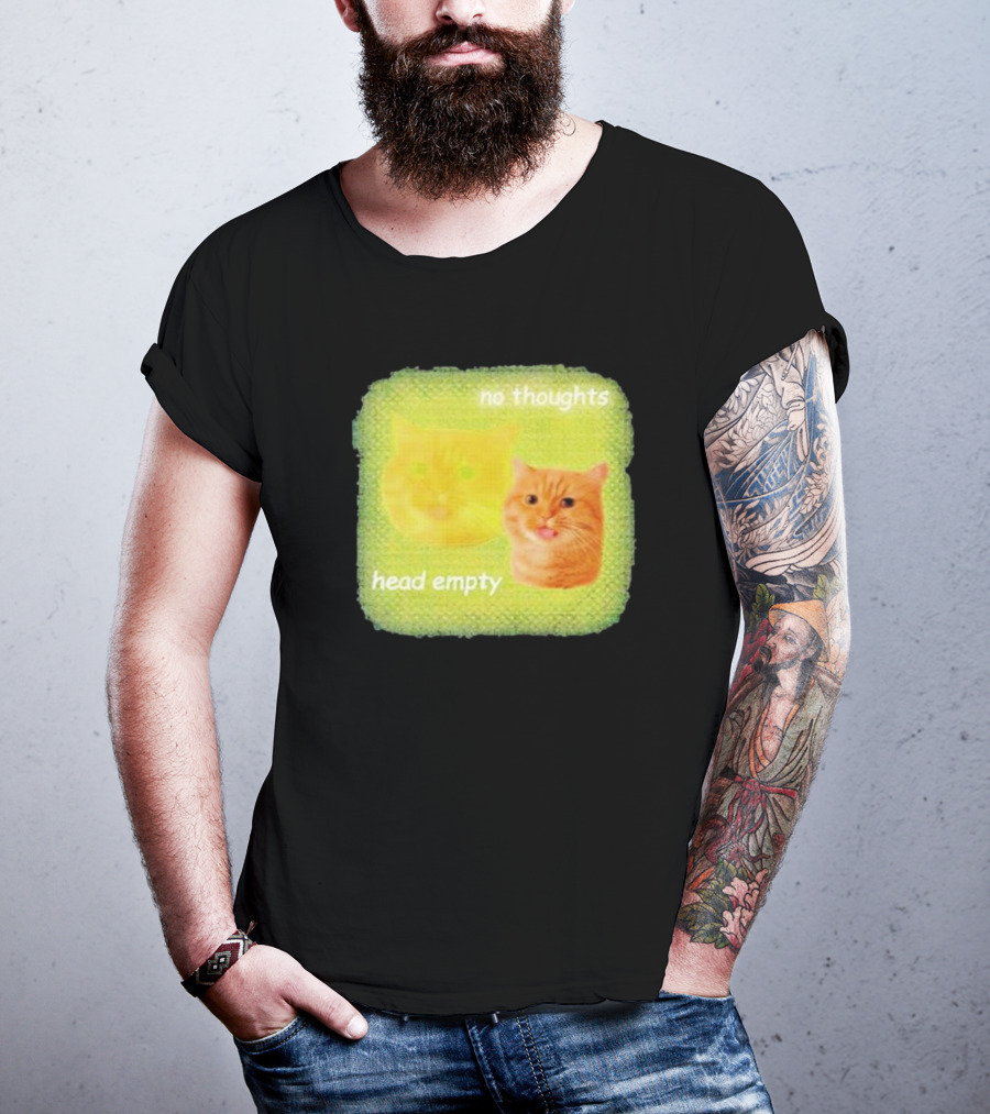 No Thoughts Head Empty Cat Meme Green Background T-Shirt