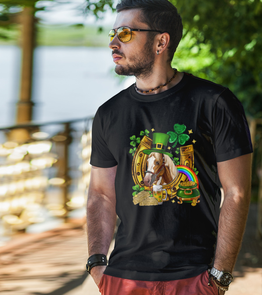 Horse Luck Gold Leprechaun Hat Shamrock Horseshoe Pot Of Gold Rainbow T-Shirt