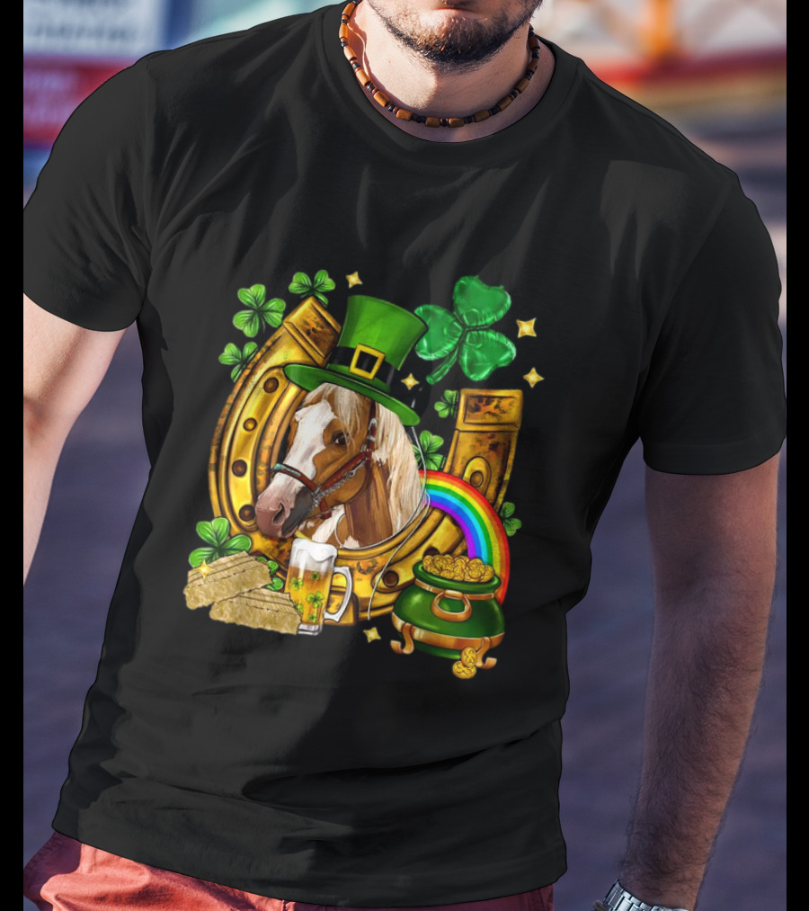 Horse Luck Gold Leprechaun Hat Shamrock Horseshoe Pot Of Gold Rainbow T-Shirt