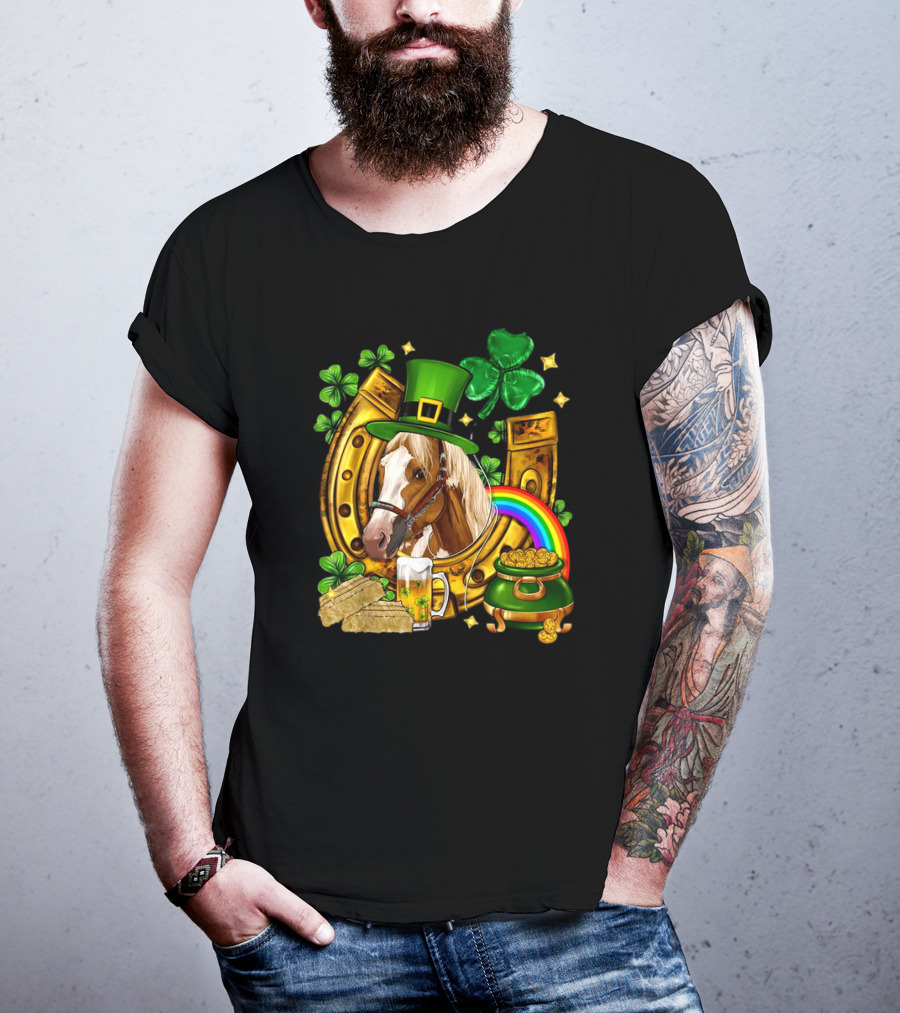 Horse Luck Gold Leprechaun Hat Shamrock Horseshoe Pot Of Gold Rainbow T-Shirt