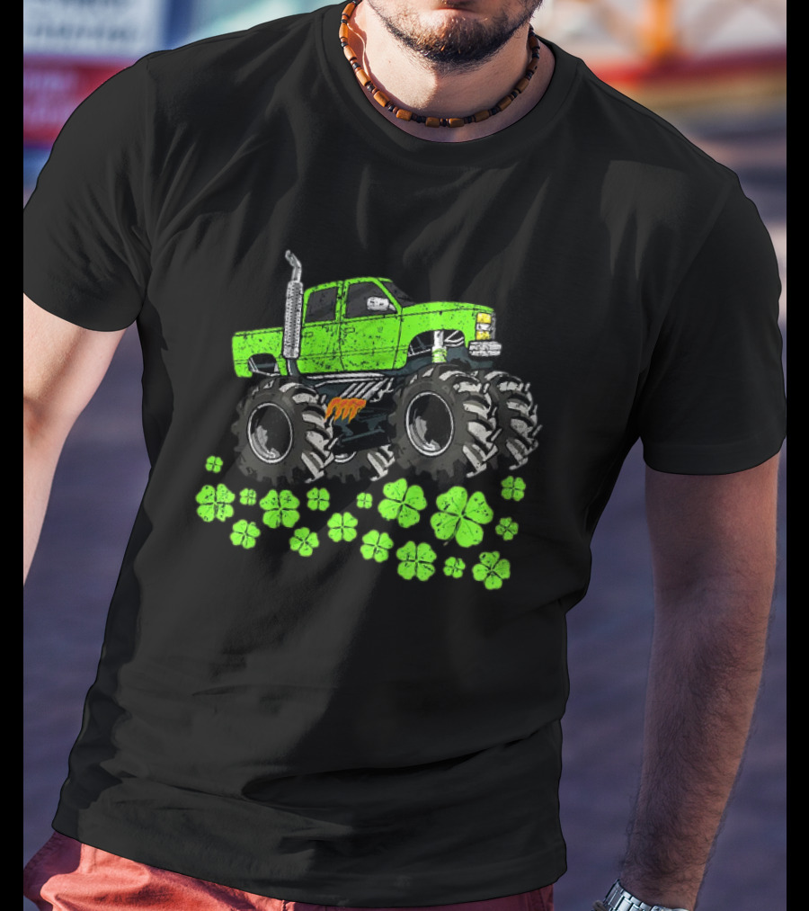 Kids Boys St Patricks Day Toddler Lucky Green Monster Truck With Shamrocks T-Shirt