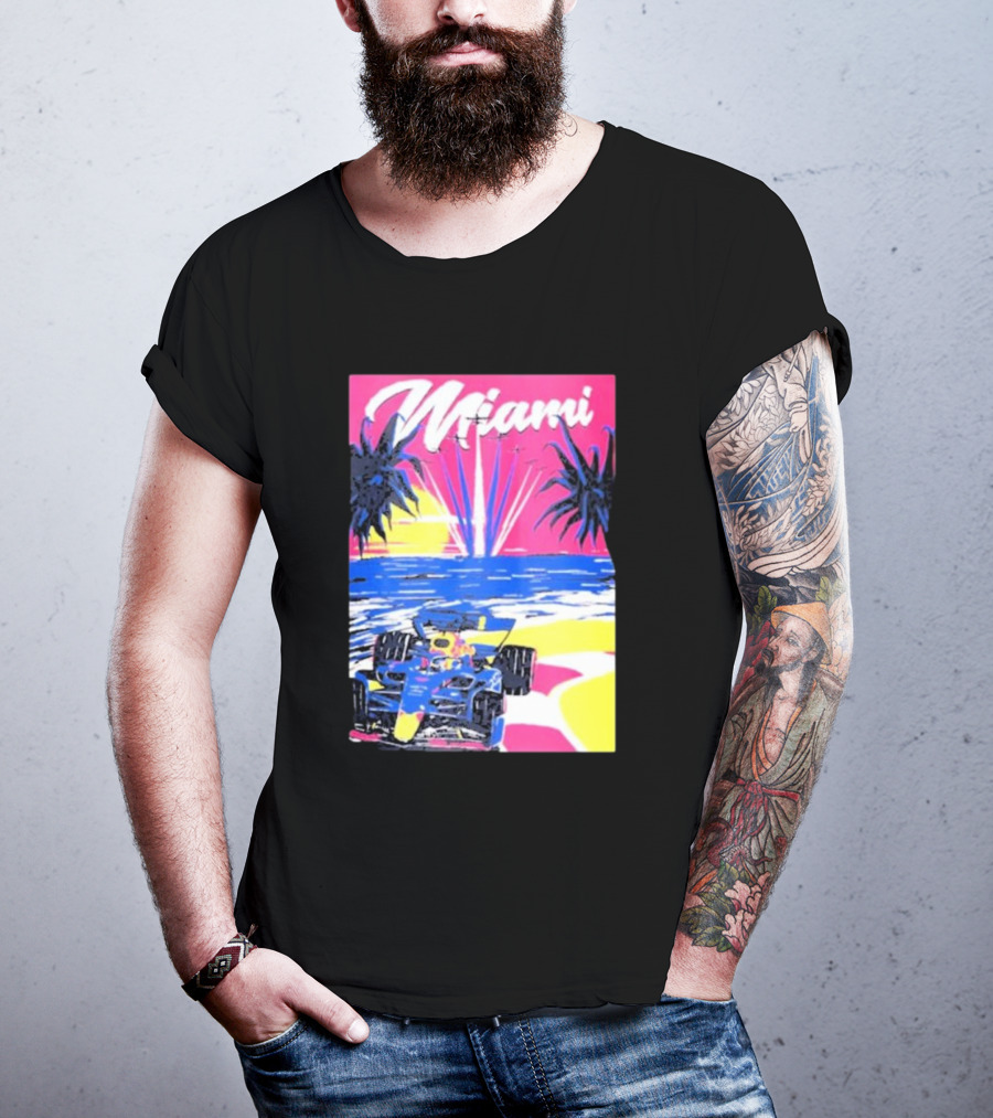 Max Verstappen Formula 1 Miami Sunset Palms Racing Scene T-Shirt