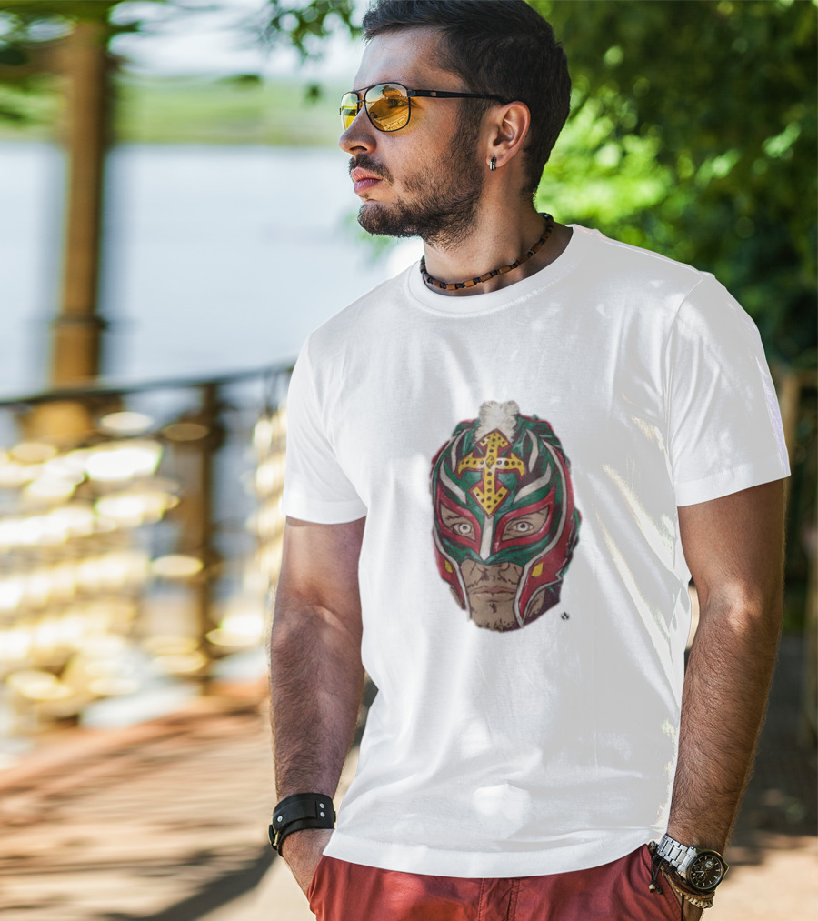 Men's Black Rey Mysterio Mask Face With Colorful Wrestling Headdress And Cross T-Shirt