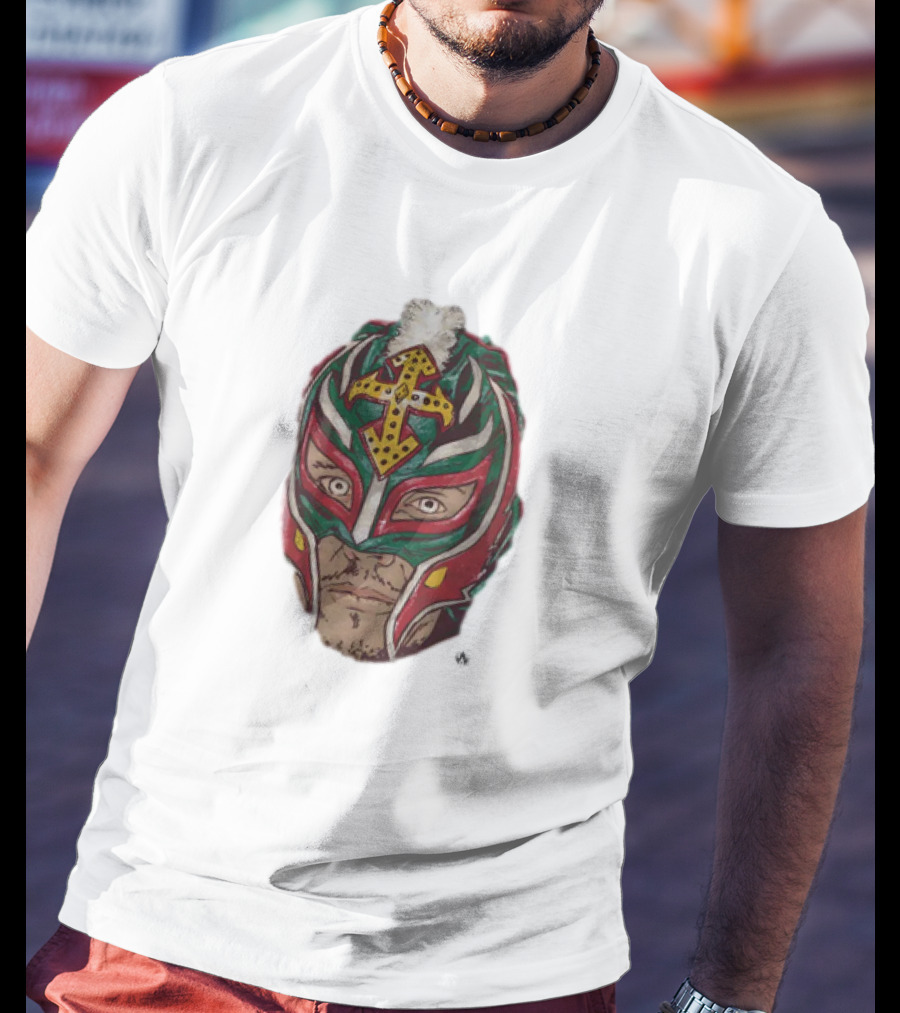 Men's Black Rey Mysterio Mask Face With Colorful Wrestling Headdress And Cross T-Shirt