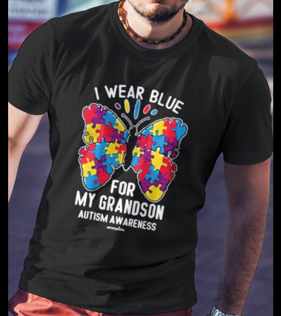 I Wear Blue Butterfly Puzzle My Grandson Autism Awareness T-Shirt