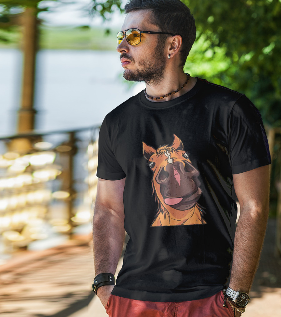 Funny Horse Riding Goofy Cartoon Horse Face T-Shirt
