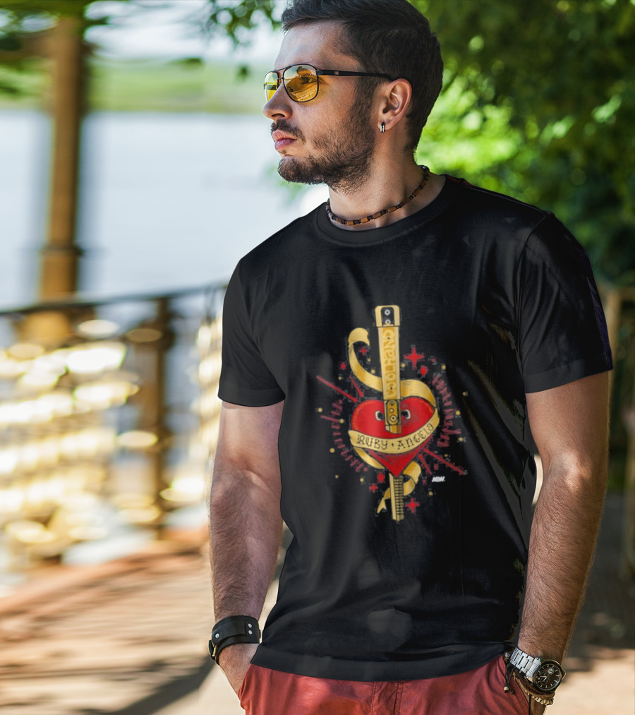 Ruby Angelo Heart Guitar With Ribbon And Stars T-Shirt