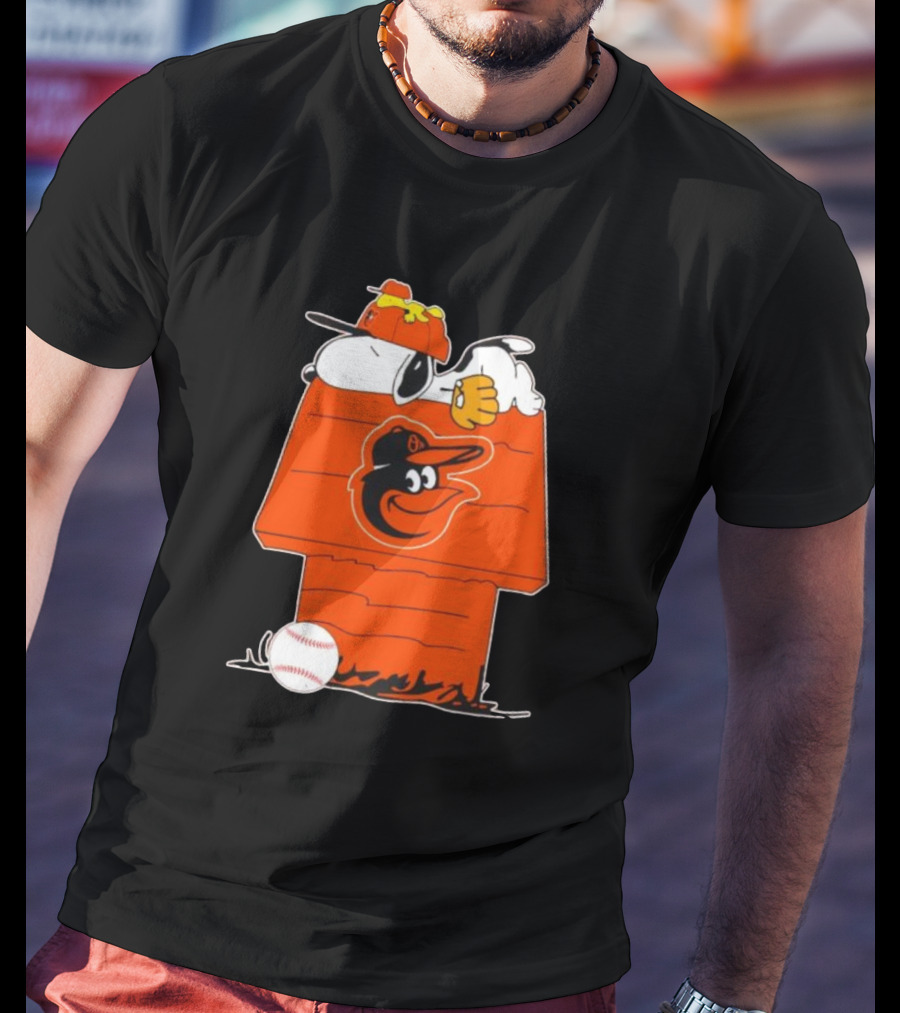 Snoopy And Woodstock Sleeping On Baltimore Orioles Themed Doghouse With Baseball T-Shirt