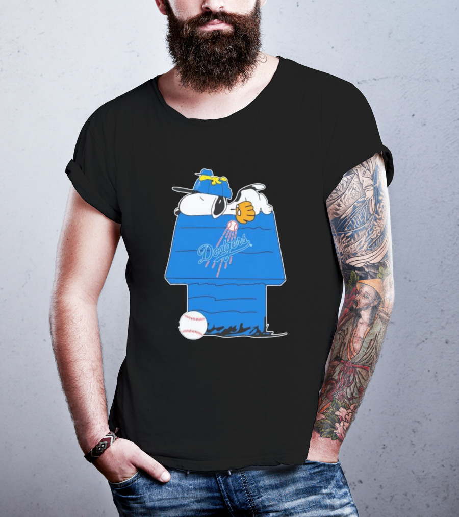 Snoopy And Woodstock Sleeping On Los Angeles Dodgers Doghouse With Baseball T-Shirt