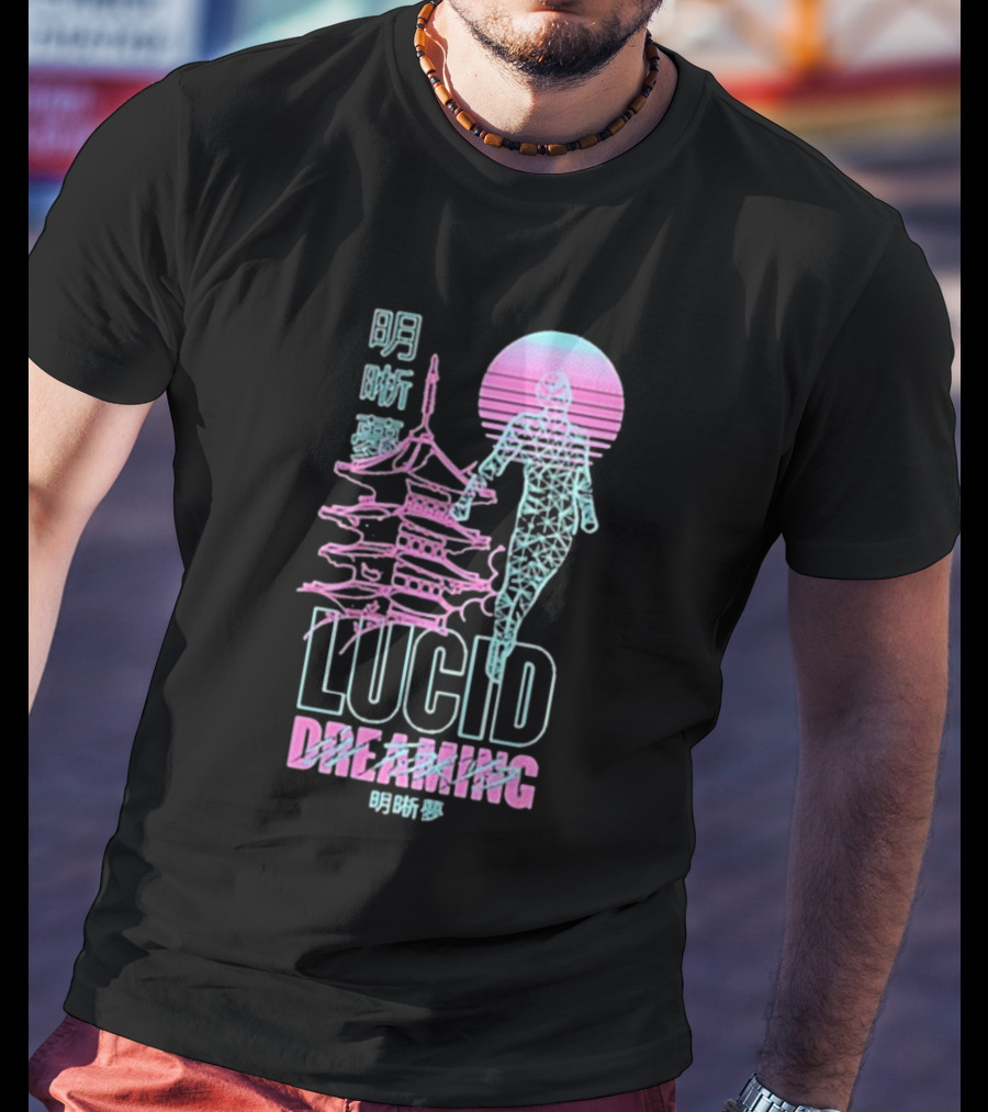 Lucid Dreaming Tokyo Japan Neon Pagoda And Wireframe Figure T-Shirt
