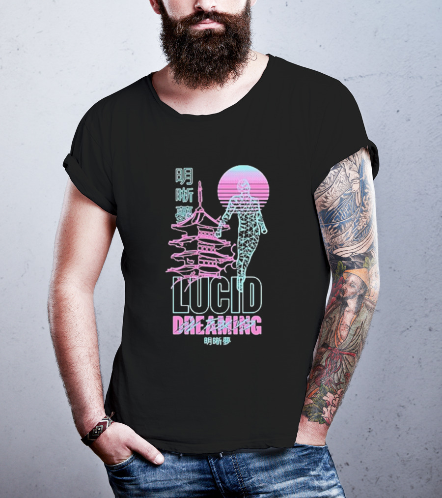 Lucid Dreaming Tokyo Japan Neon Pagoda And Wireframe Figure T-Shirt
