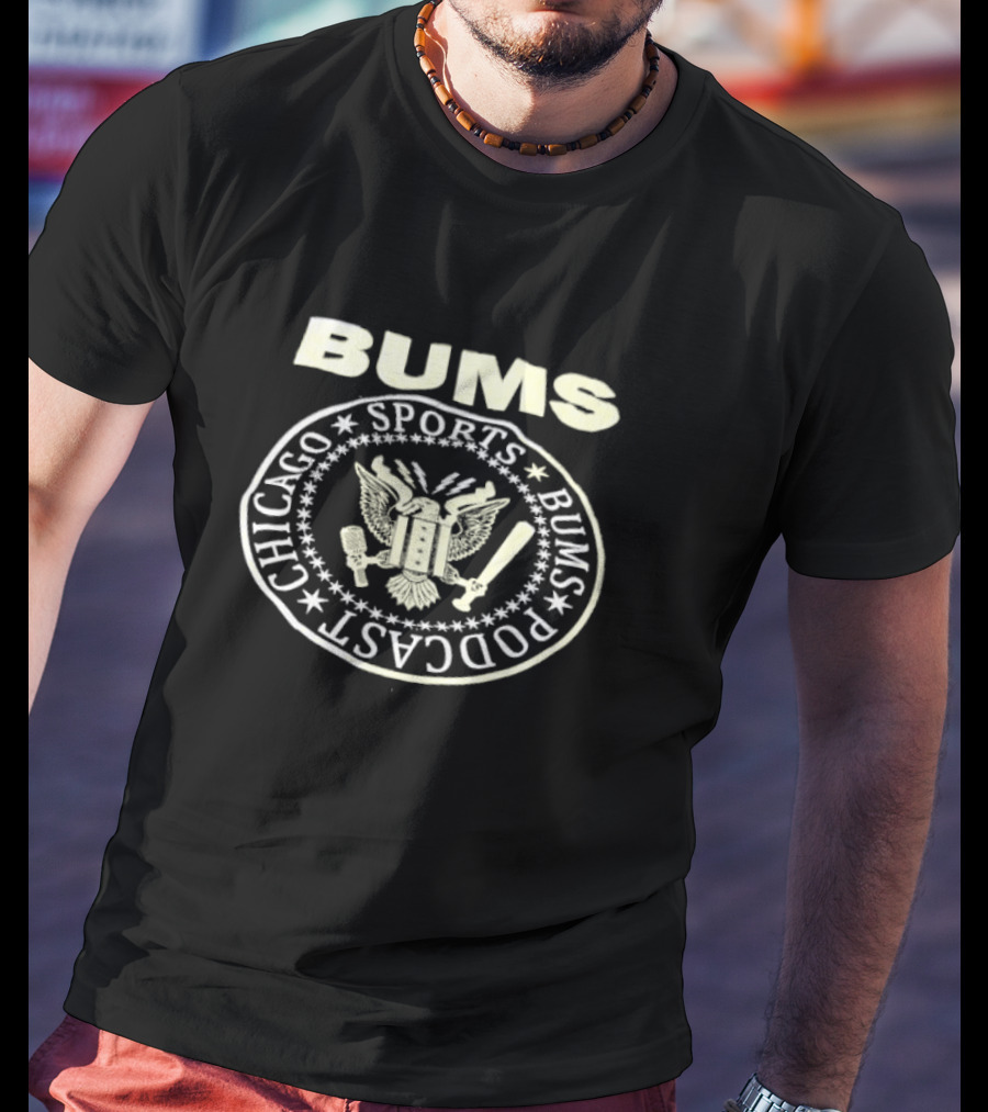 Bums Sports Bums Podcast Chicago Eagle Seal Baseball Mic Bat T-Shirt