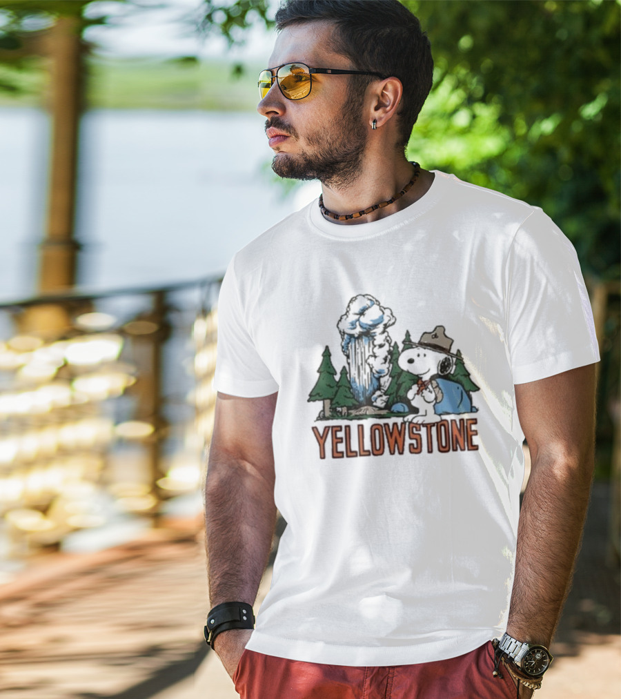 Peanuts Snoopy Yellowstone Camping Scene With Geyser And Forest T-Shirt