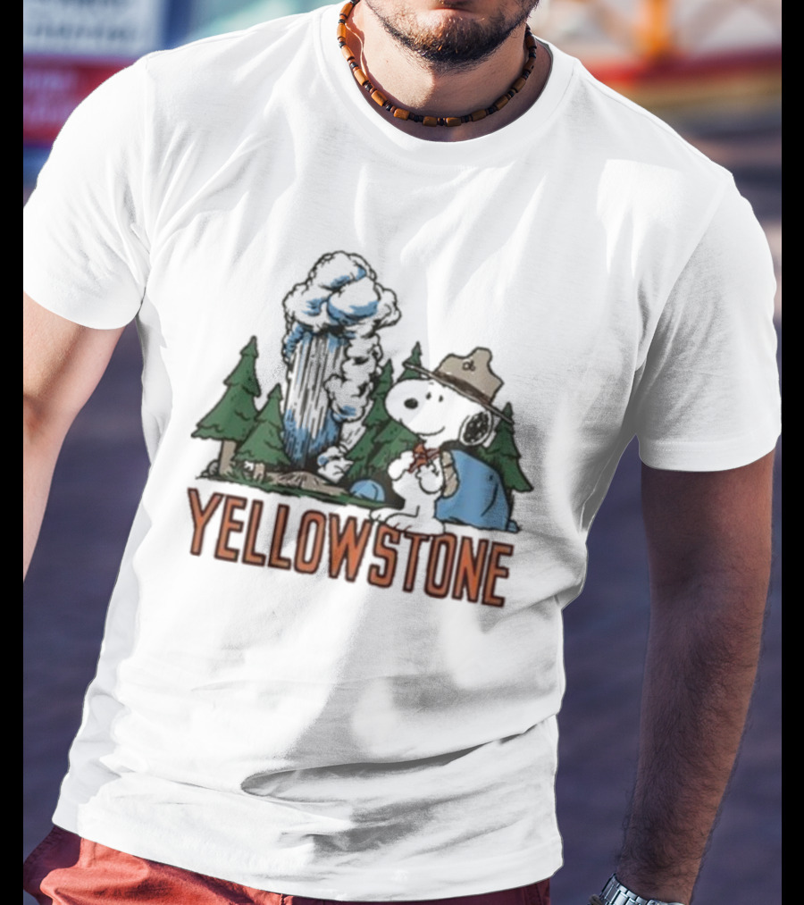 Peanuts Snoopy Yellowstone Camping Scene With Geyser And Forest T-Shirt