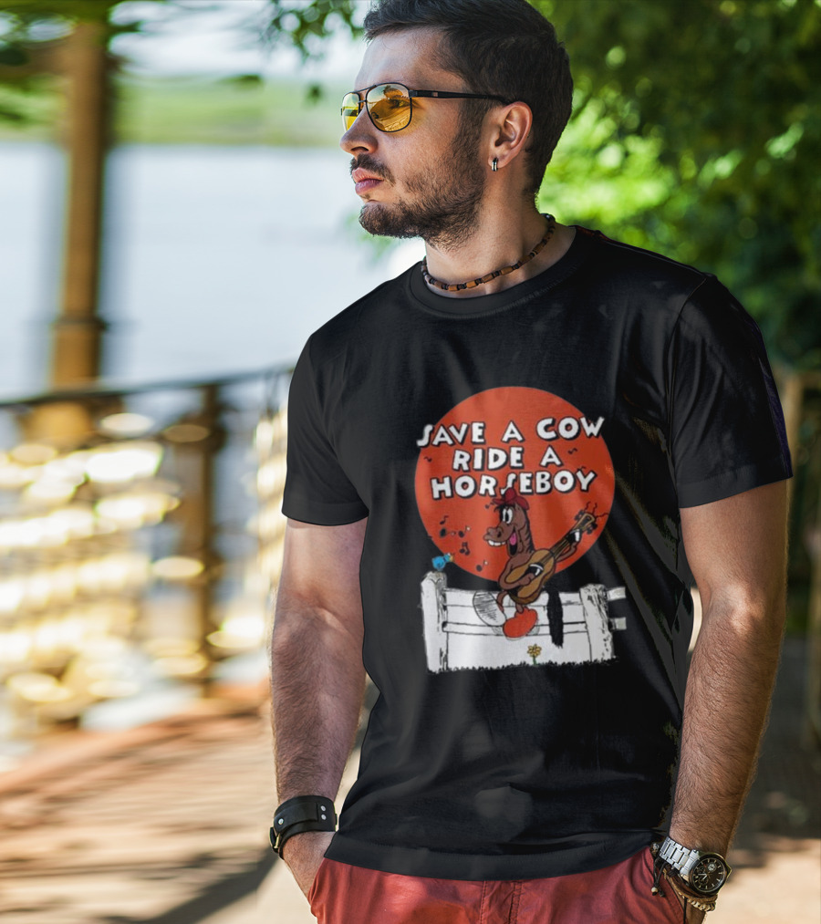 Save A Cow Ride A Horseboy Cartoon Horse Playing Guitar T-Shirt