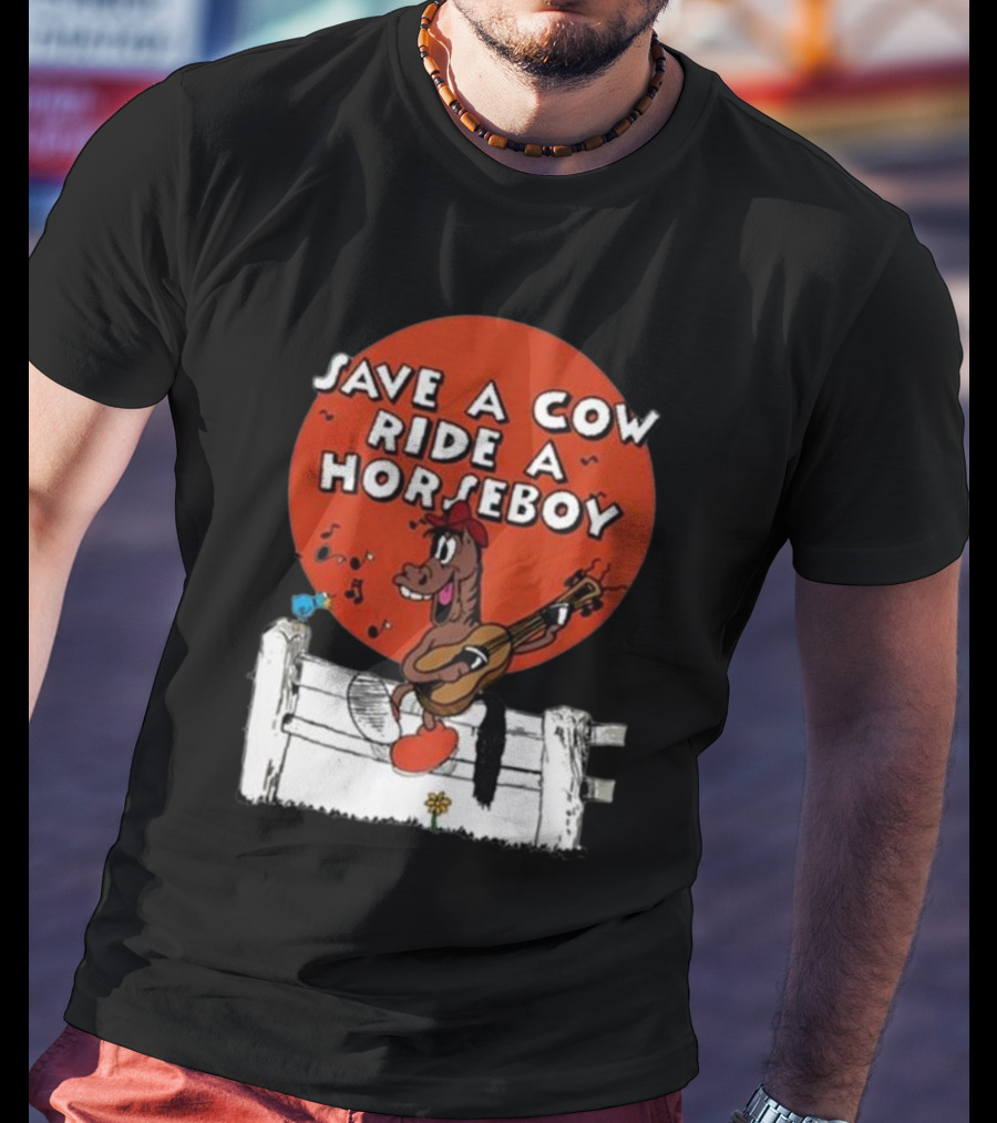 Save A Cow Ride A Horseboy Cartoon Horse Playing Guitar T-Shirt