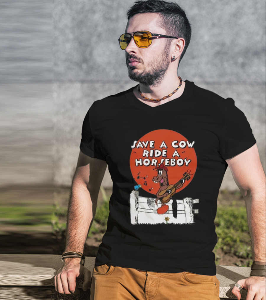 Save A Cow Ride A Horseboy Cartoon Horse Playing Guitar T-Shirt