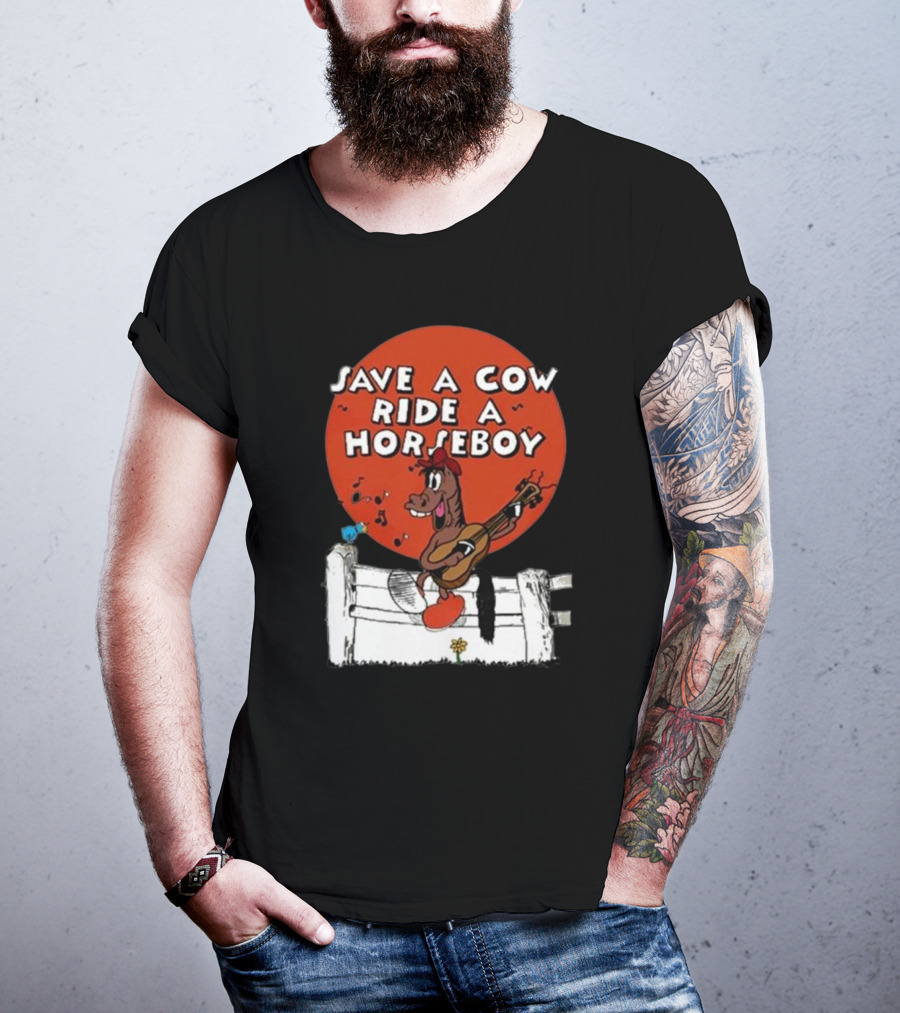 Save A Cow Ride A Horseboy Cartoon Horse Playing Guitar T-Shirt