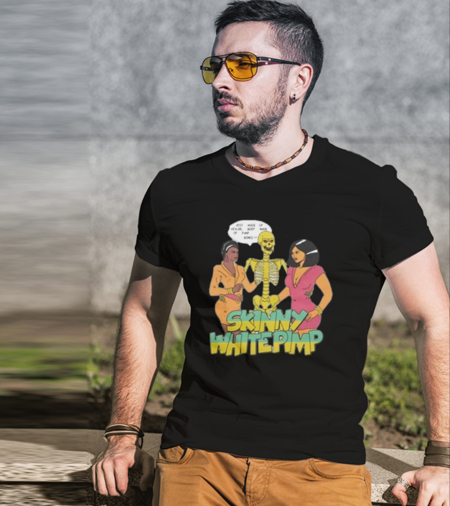 Team SESH Skinny White Pimp Cartoon Skeleton With Women T-Shirt