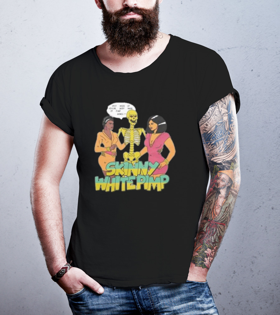 Team SESH Skinny White Pimp Cartoon Skeleton With Women T-Shirt