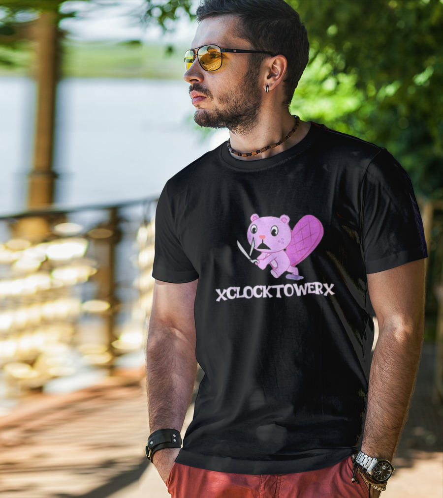 XCLOCKTOWERX Running With Scissors Pink Cartoon Beaver T-Shirt