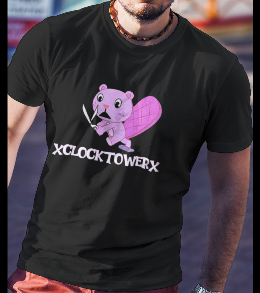 XCLOCKTOWERX Running With Scissors Pink Cartoon Beaver T-Shirt