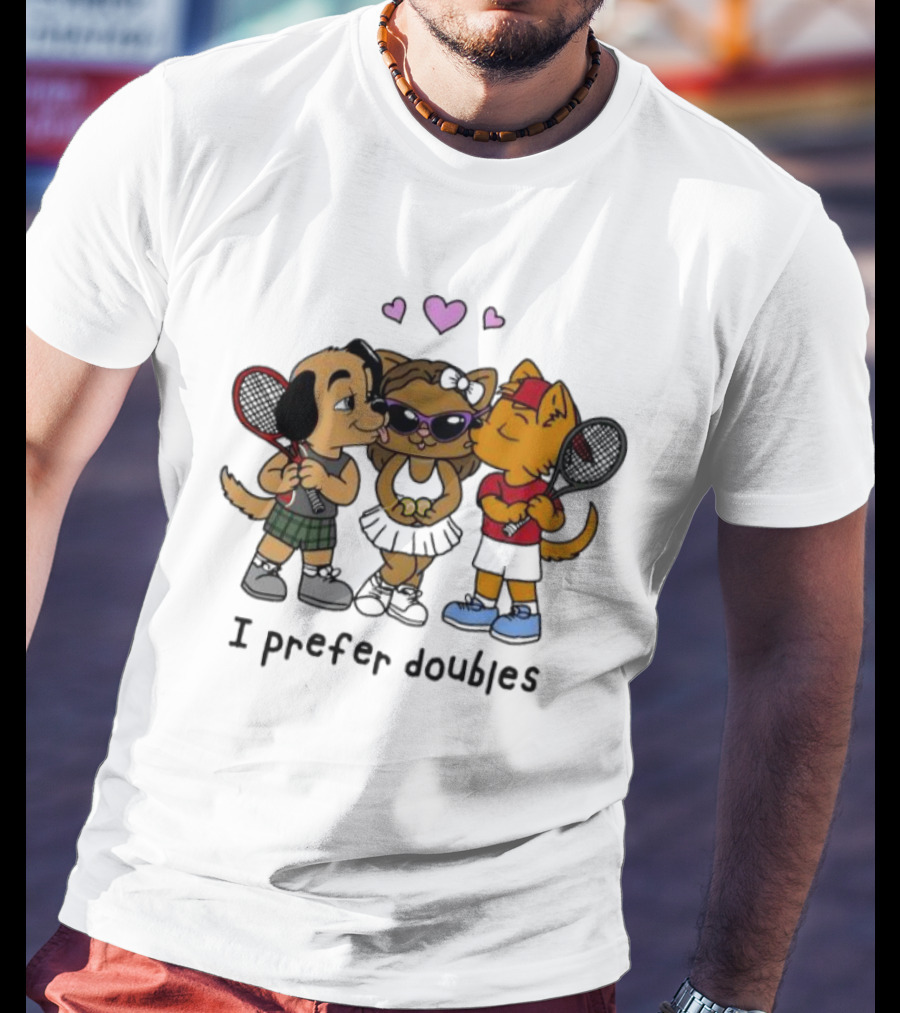 I Prefer Doubles Cute Animals With Tennis Rackets And Hearts T-Shirt