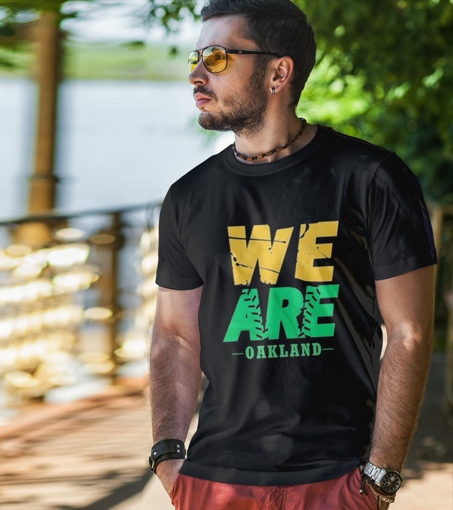 WE ARE OAKLAND Yellow Green Text Baseball Seam T-Shirt