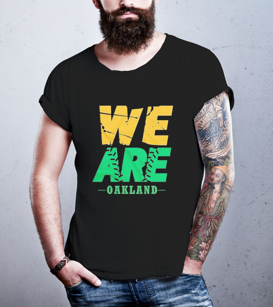 WE ARE OAKLAND Yellow Green Text Baseball Seam T-Shirt