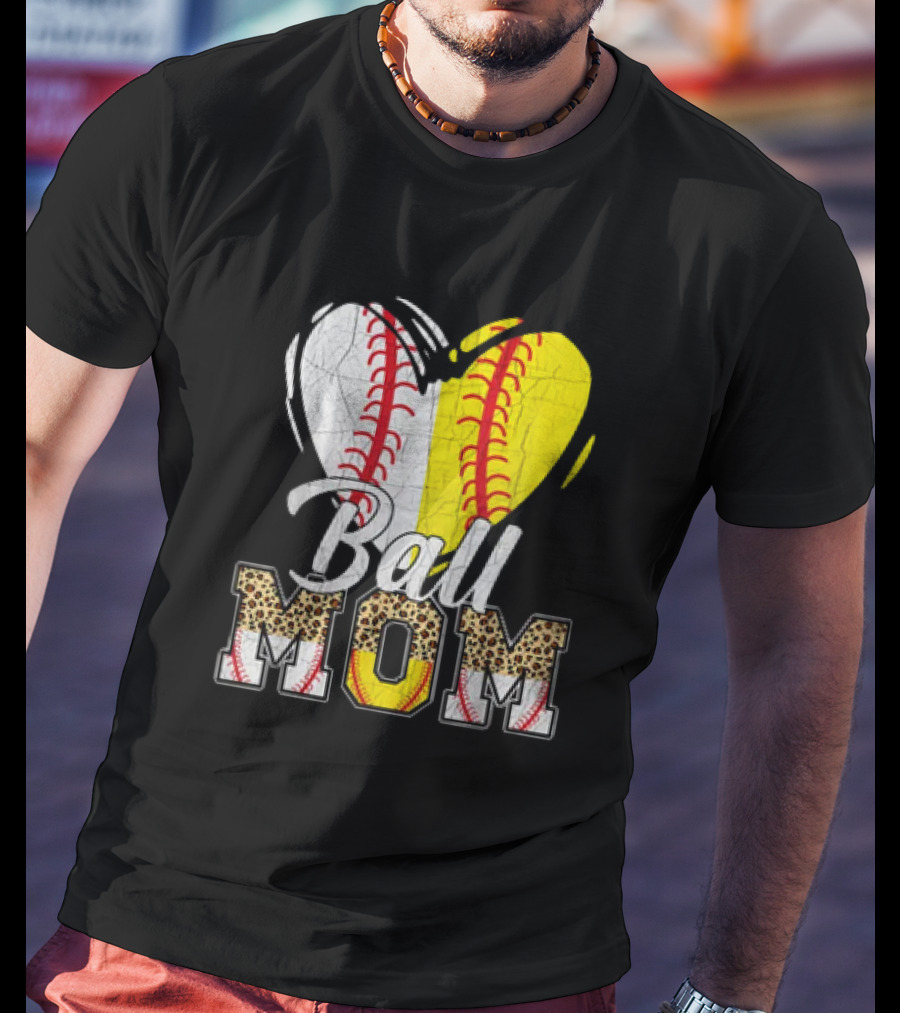 Ball Mom Heart Leopard Baseball Softball Vintage Women T-Shirt