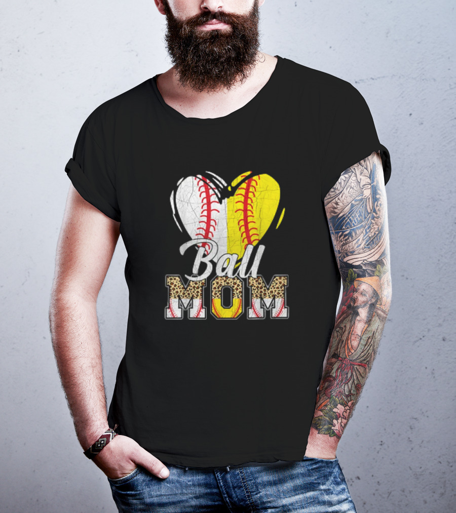 Ball Mom Heart Leopard Baseball Softball Vintage Women T-Shirt