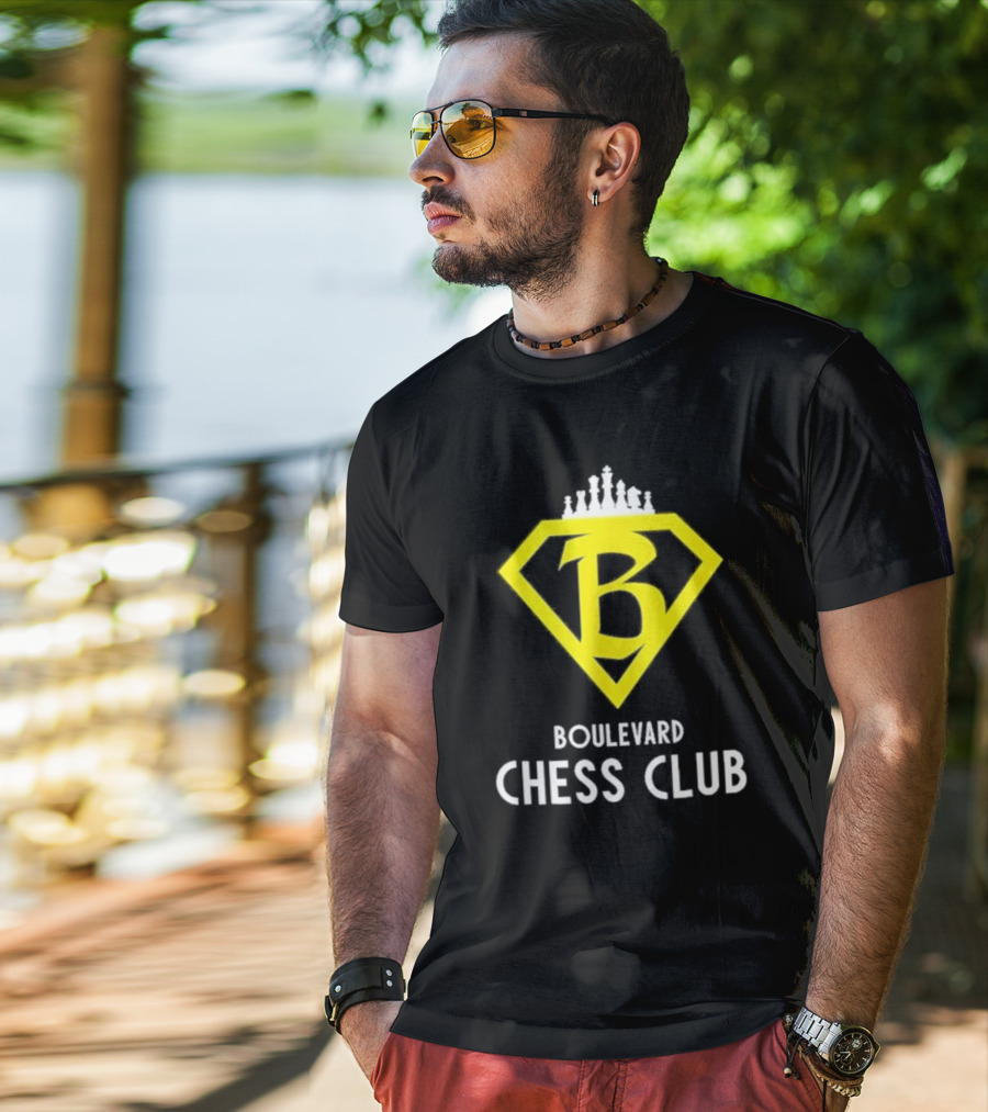 Boulevard Chess Club Logo With Yellow Diamond And Chess Pieces T-Shirt
