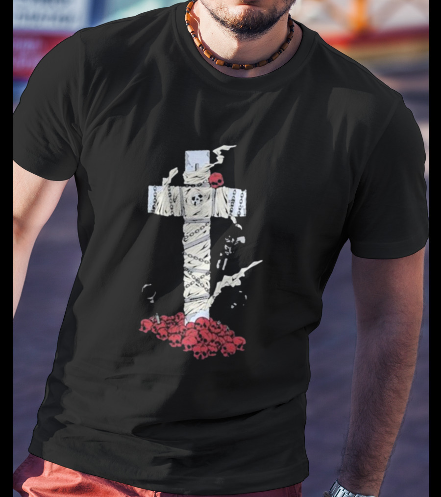 Steady-Hands Wrapped Cross With Chains And Skulls T-Shirt