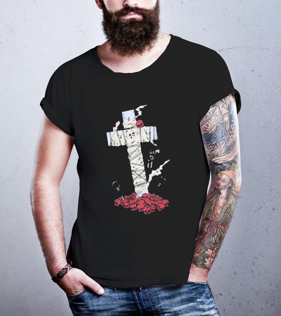 Steady-Hands Wrapped Cross With Chains And Skulls T-Shirt