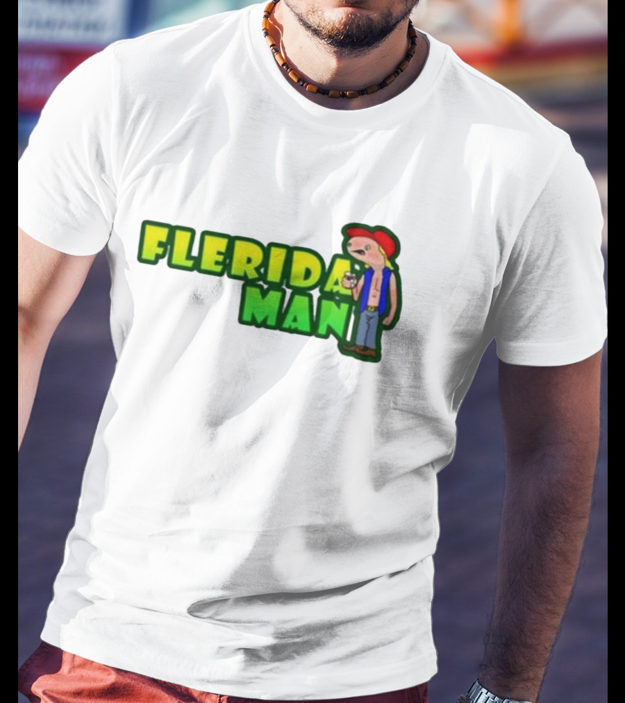 Flerida Man Beer Drinking Cartoon Character With Red Cap And Green Letters T-Shirt