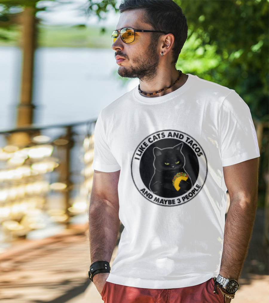 Black Cat I Like Cats And Tacos And Maybe 3 People T-Shirt