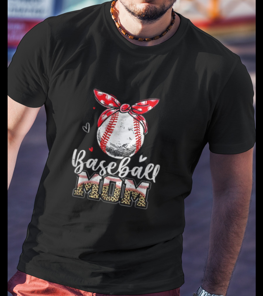 Leopard Baseball Mom Red Headband Baseball Ball Mother's Day Mama T-Shirt