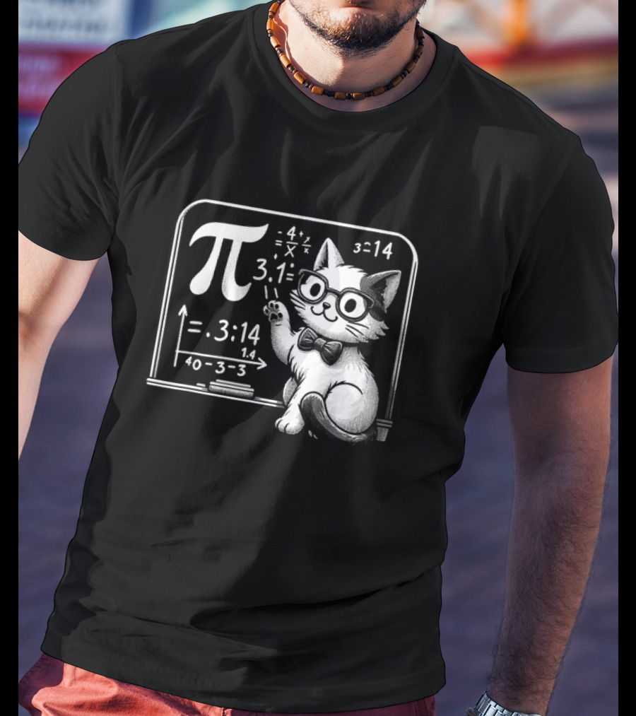 Pi 3.14 Cat With Glasses And Chalkboard Equations T-Shirt