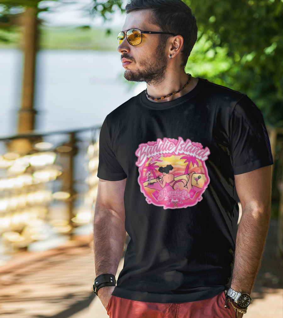 Baddie Island Summer Scene With Palm Trees And Cocktail Imagery - Baddie Budz Vibe T-Shirt