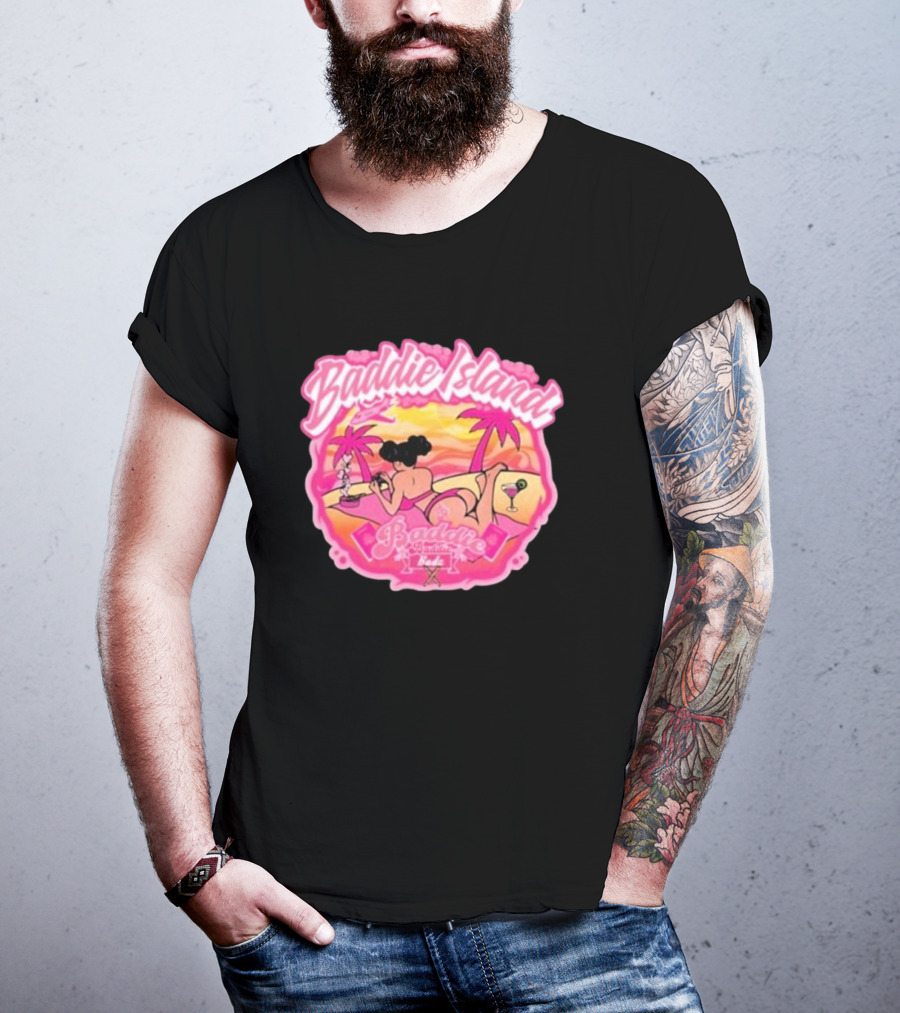 Baddie Island Summer Scene With Palm Trees And Cocktail Imagery - Baddie Budz Vibe T-Shirt