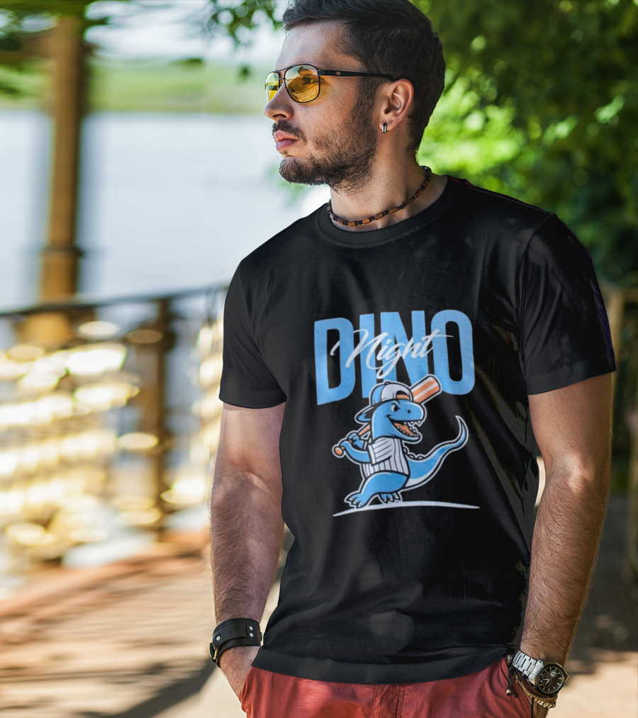 Dino Night Baseball Player Dinosaur In Cap With Bat T-Shirt