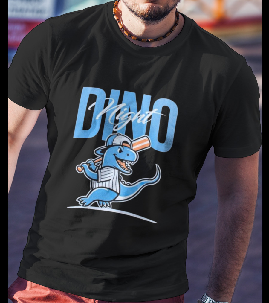 Dino Night Baseball Player Dinosaur In Cap With Bat T-Shirt