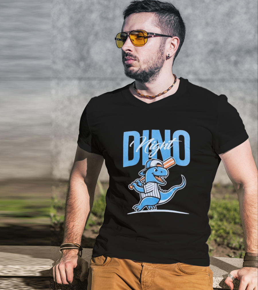 Dino Night Baseball Player Dinosaur In Cap With Bat T-Shirt