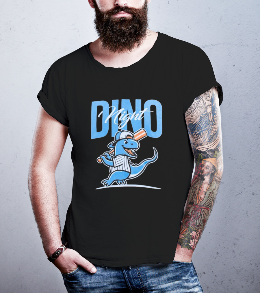 Dino Night Baseball Player Dinosaur In Cap With Bat T-Shirt